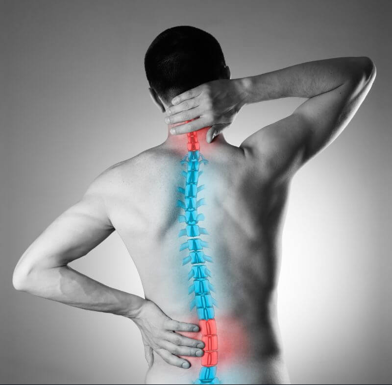 A person facing away from the camera with one hand on their neck and the other on their low back. Their spine is highlighted in blue with two red sections at their neck and low back. Highlights the benefits of Functional Neurology